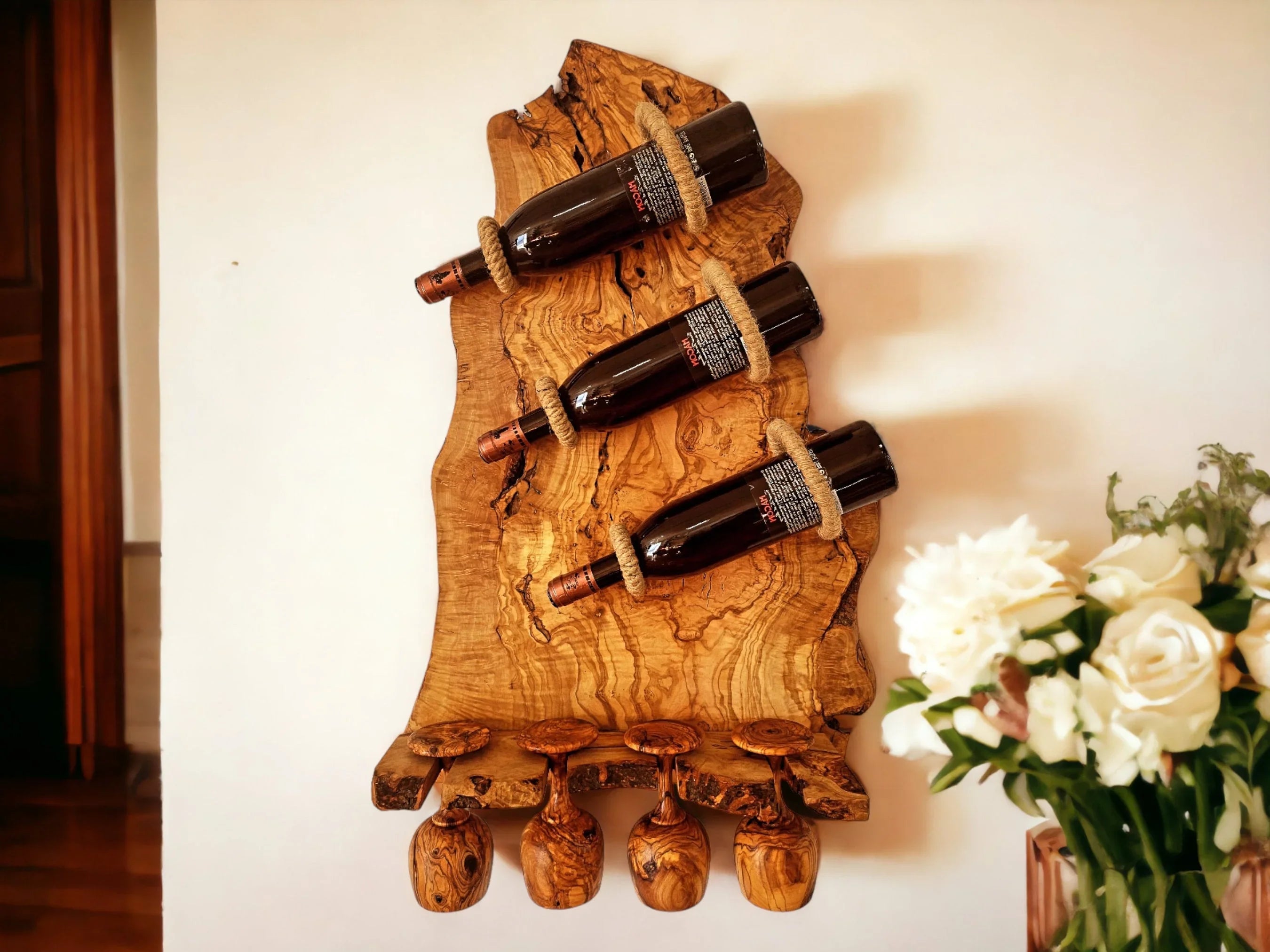 Olive wood wall mounted wooden wine – handcrafted, natural design