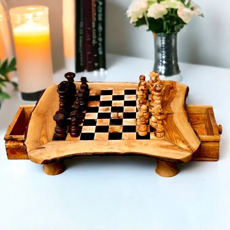 Olive wood chess board with two – handcrafted, natural design