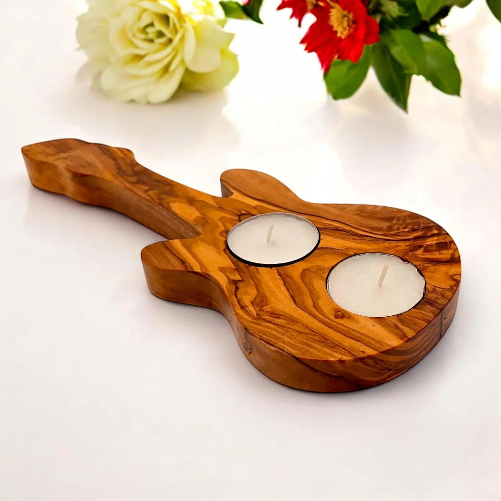 Olive wood guitar shape tealight candle – handcrafted, natural design