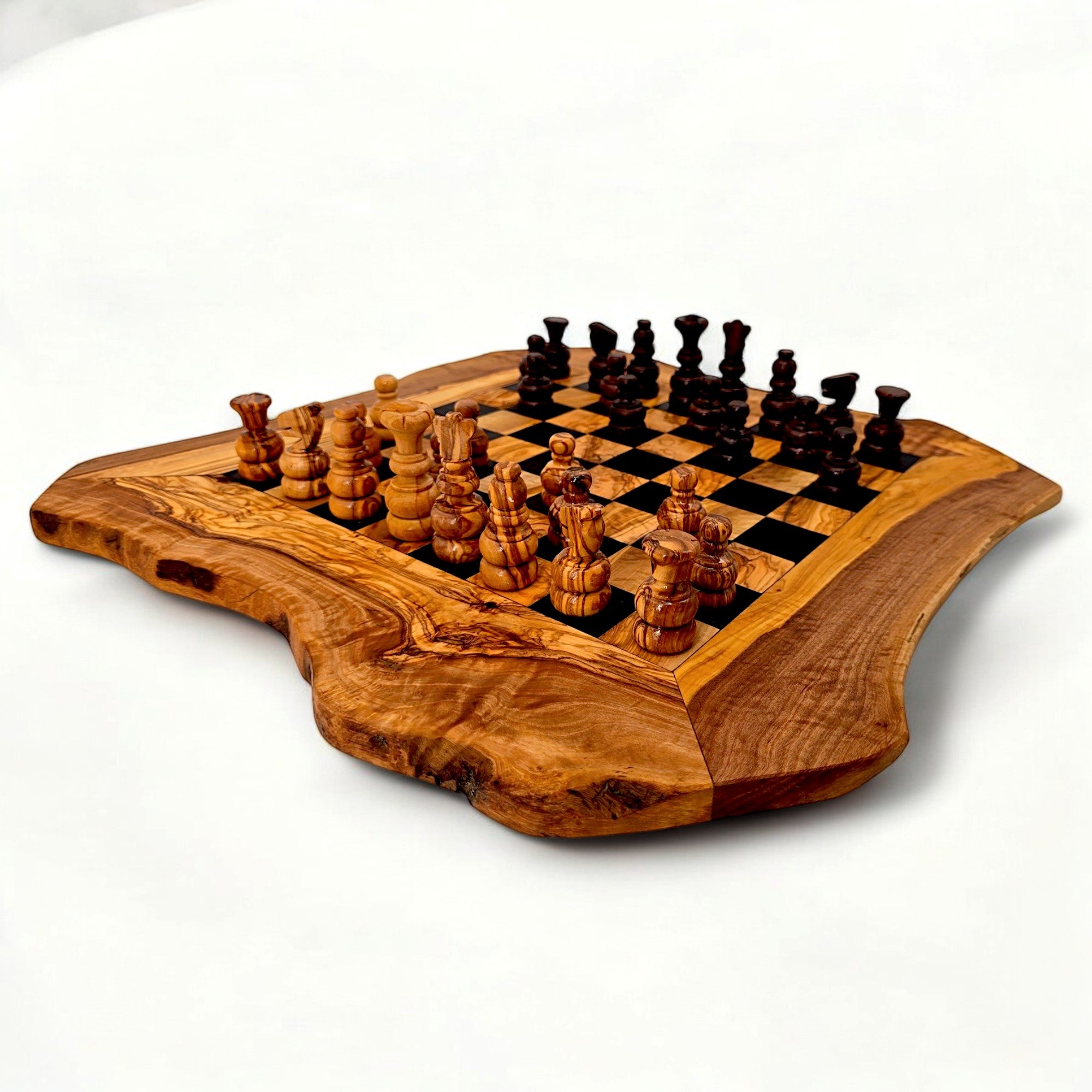 Handcrafted olive wood chess board set with unique grain patterns – UK luxury gift.