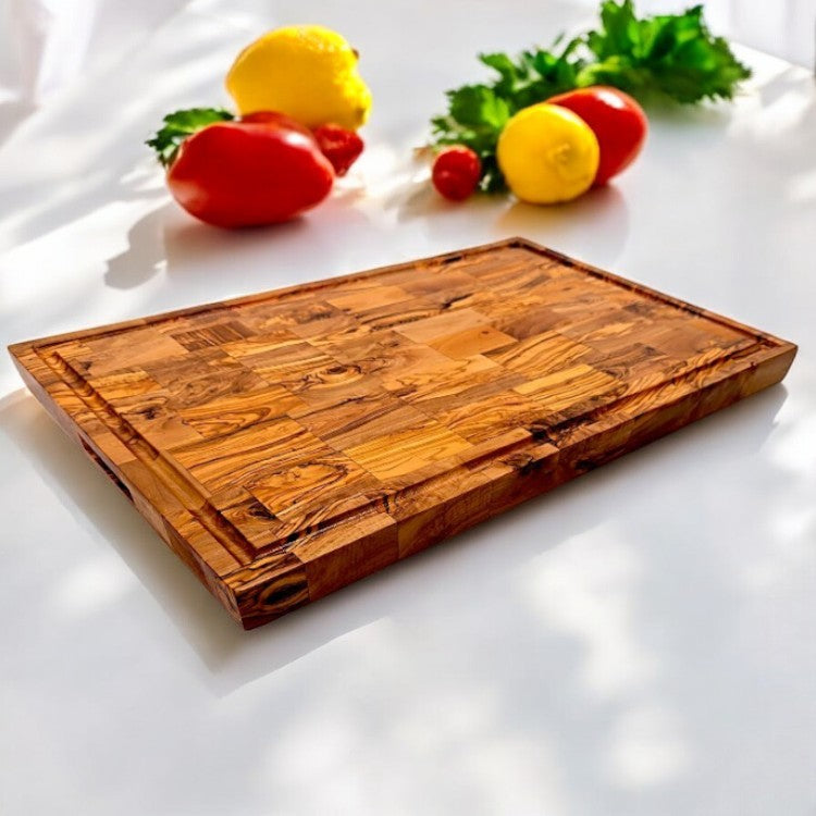 Olive Wood End Grain Chopping/Cutting Board | Large Heavy Rectangular Charcuterie W/ Drip Catching Groove  | Various Sizes