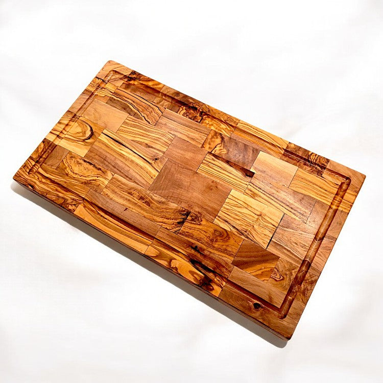 Olive Wood End Grain Chopping/Cutting Board | Large Heavy Rectangular Charcuterie W/ Drip Catching Groove  | Various Sizes