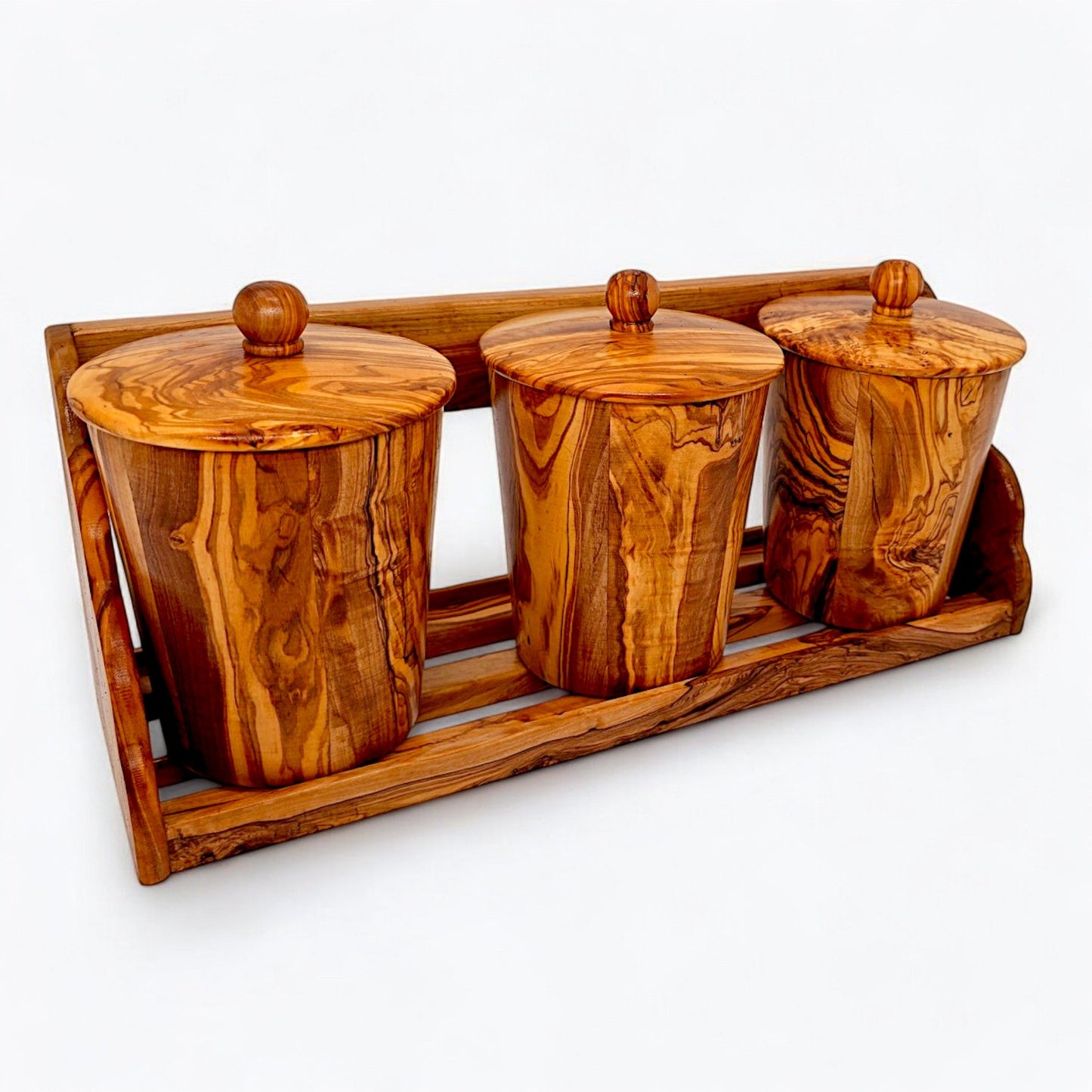 Olive Wood Wooden Spice Rack With 3 Containers & Lids