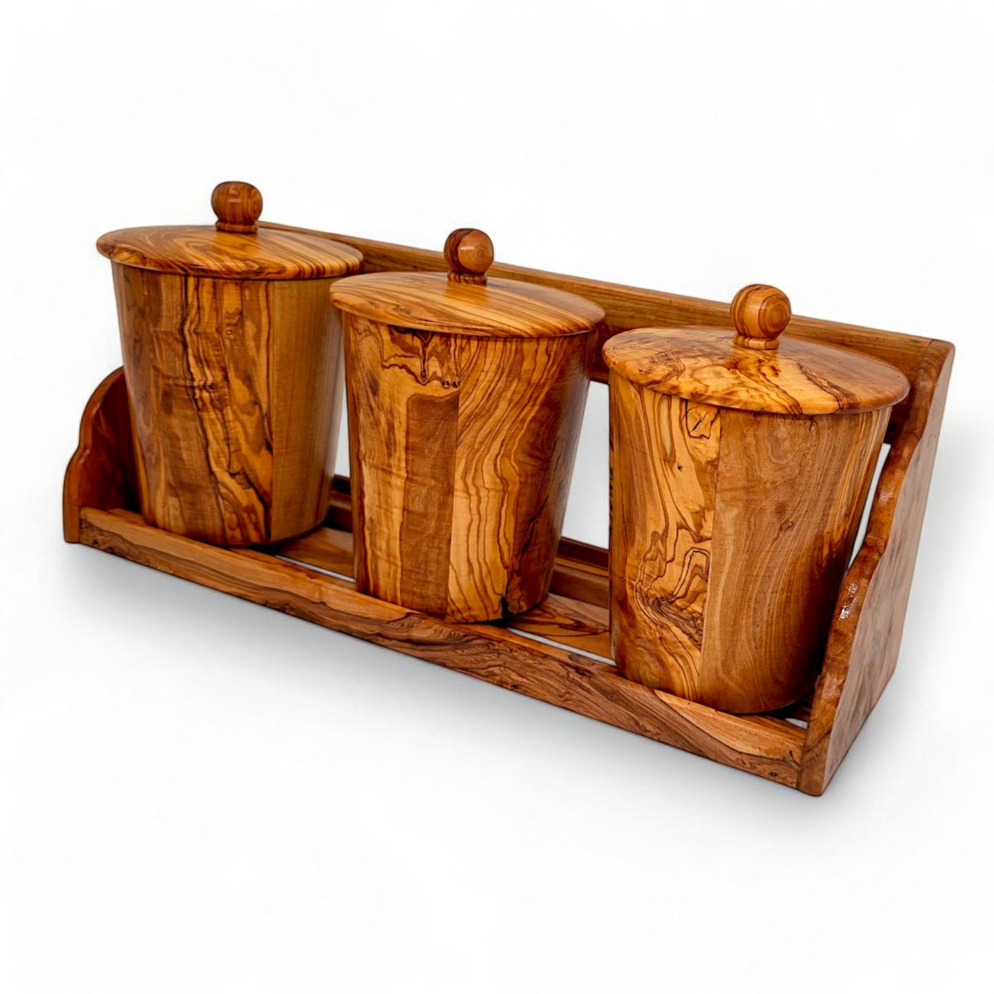 Olive Wood Wooden Spice Rack With 3 Containers & Lids