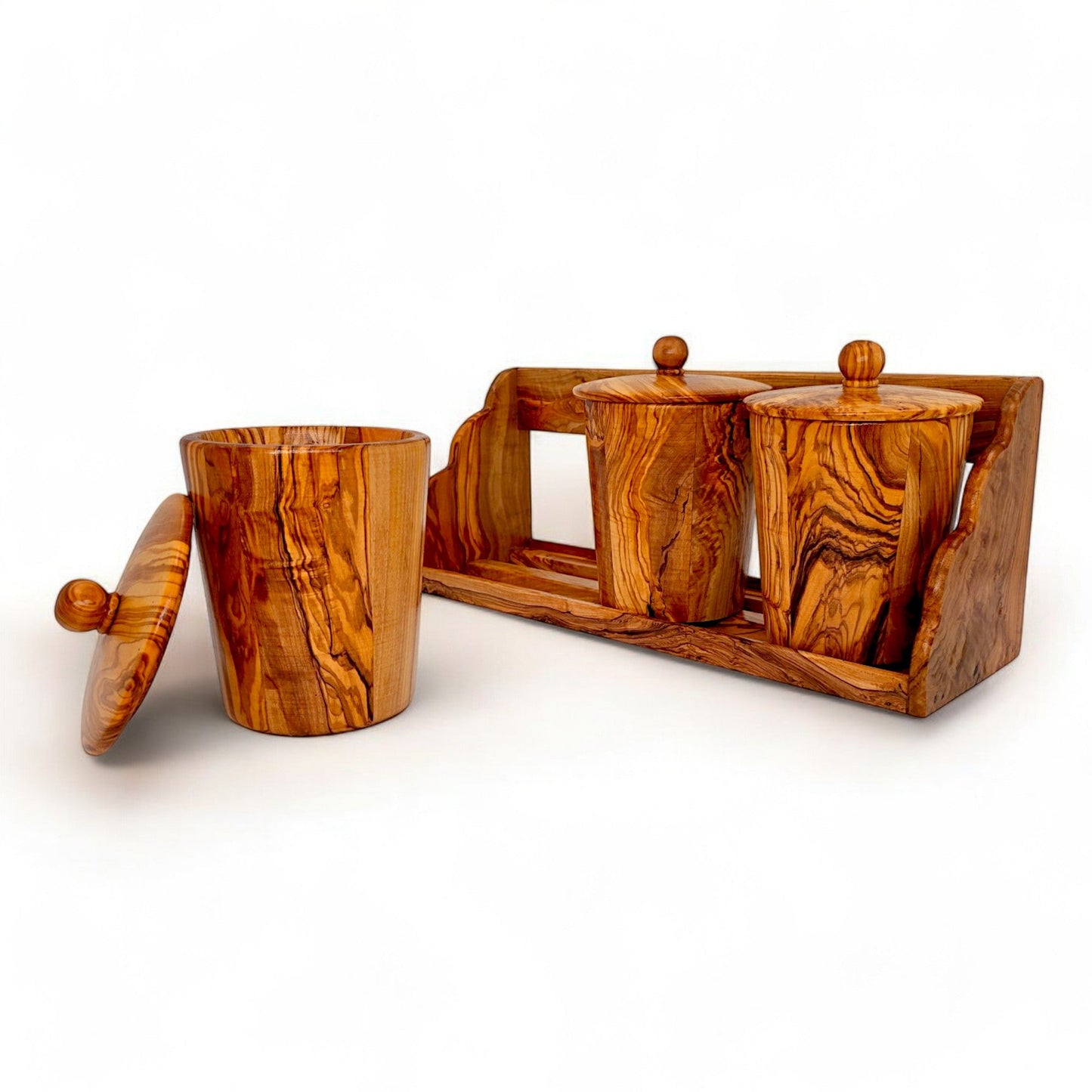 Olive Wood Wooden Spice Rack With 3 Containers & Lids