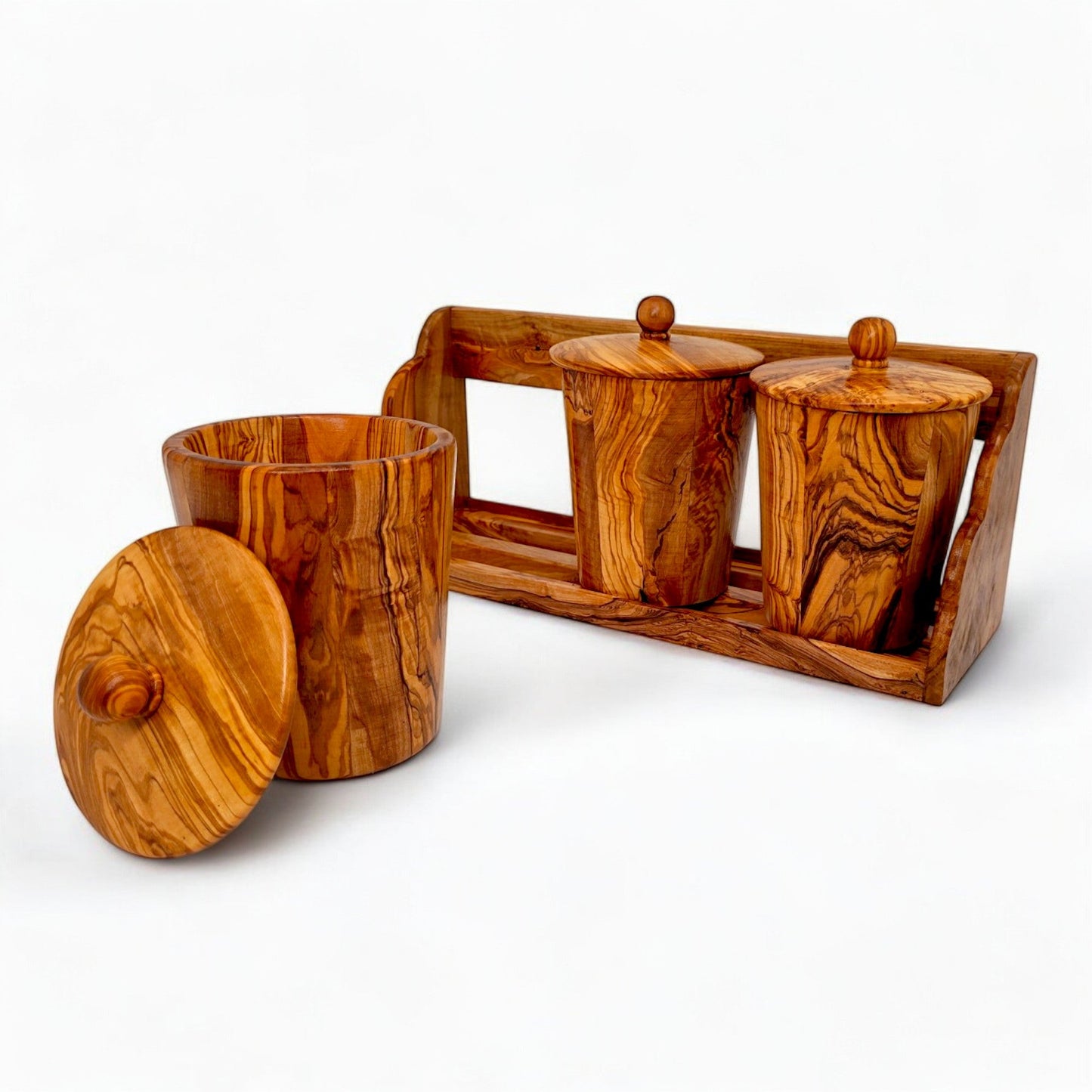 Olive Wood Wooden Spice Rack With 3 Containers & Lids