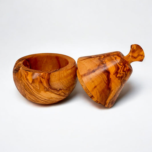 Olive Wood Handcrafted Pear Shaped Wooden Coffee/Sugar/Spice Bowl W/ Lid