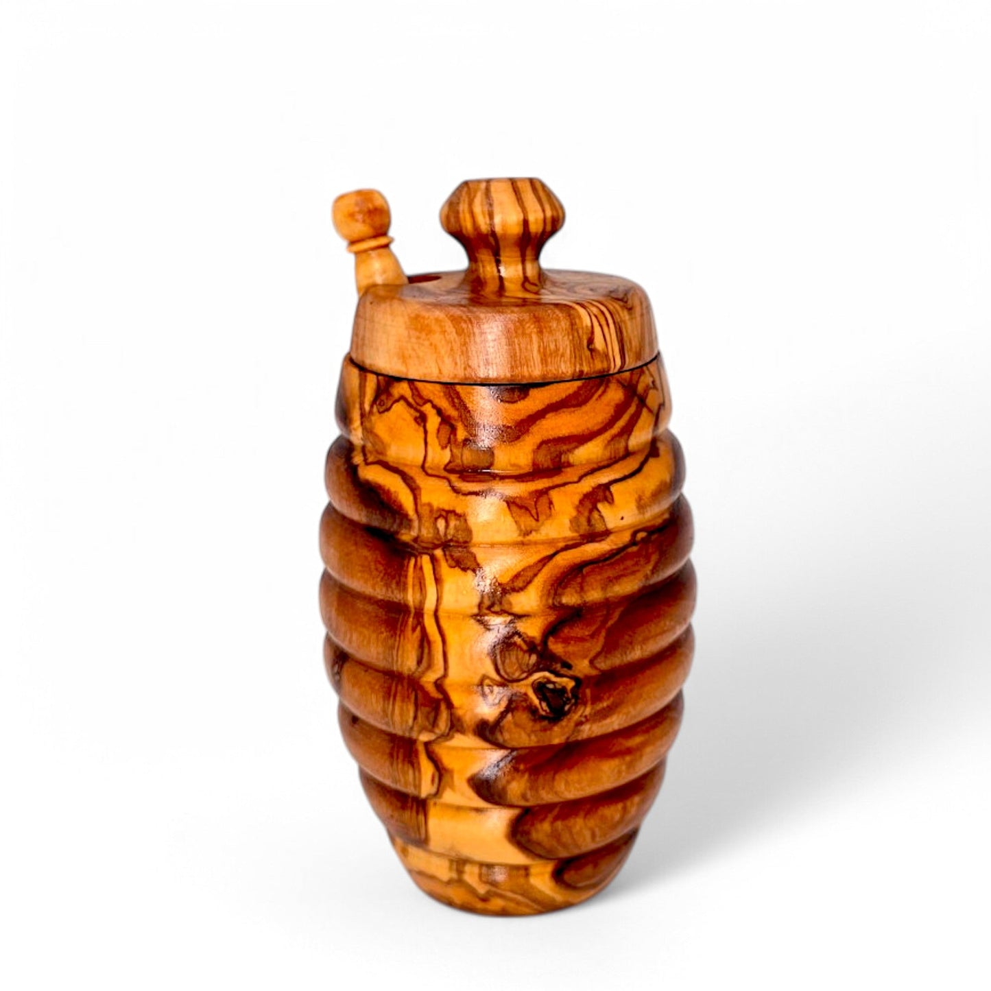 Olive Wood Wooden Honey Pot With Lid & Dipper