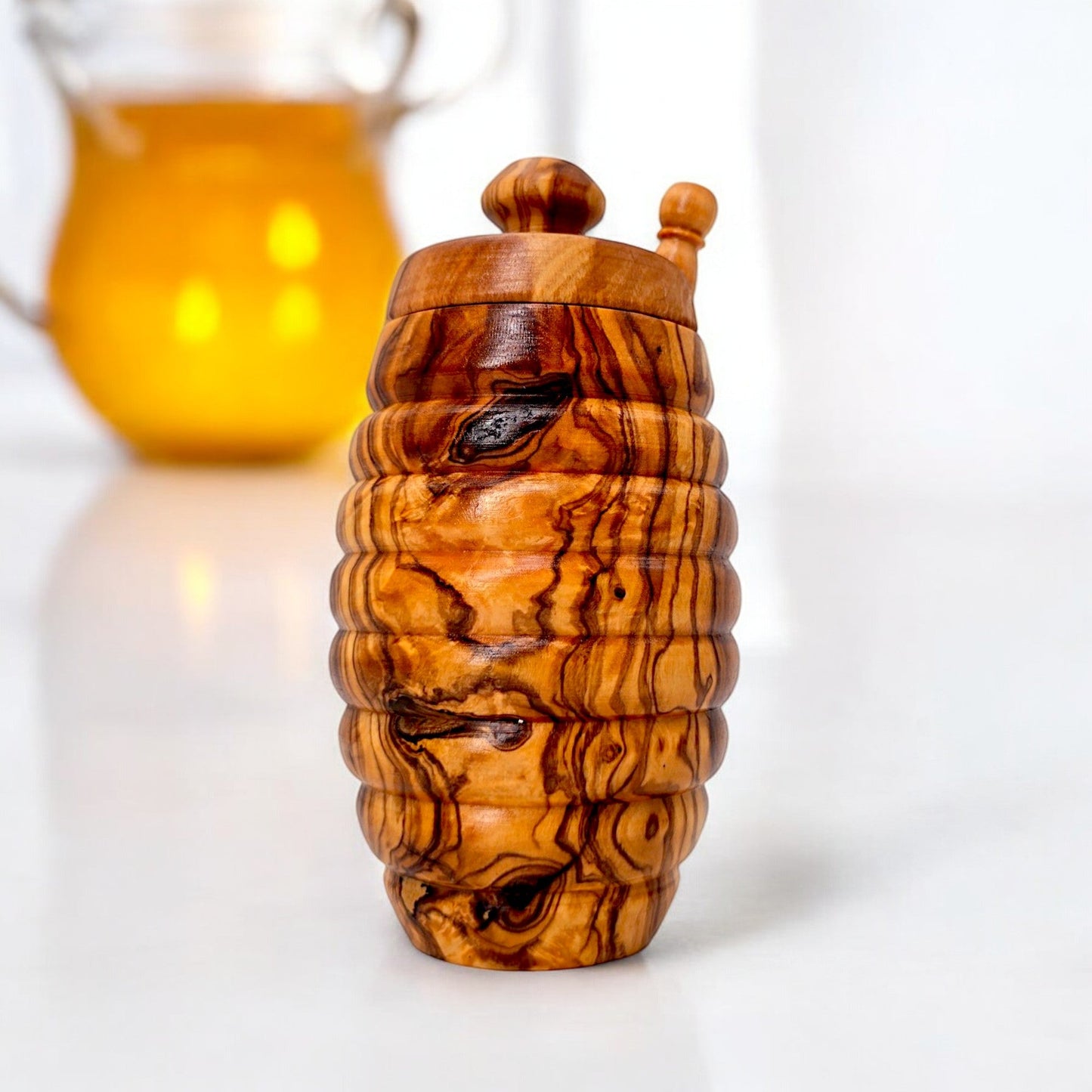 Olive Wood Wooden Honey Pot With Lid & Dipper