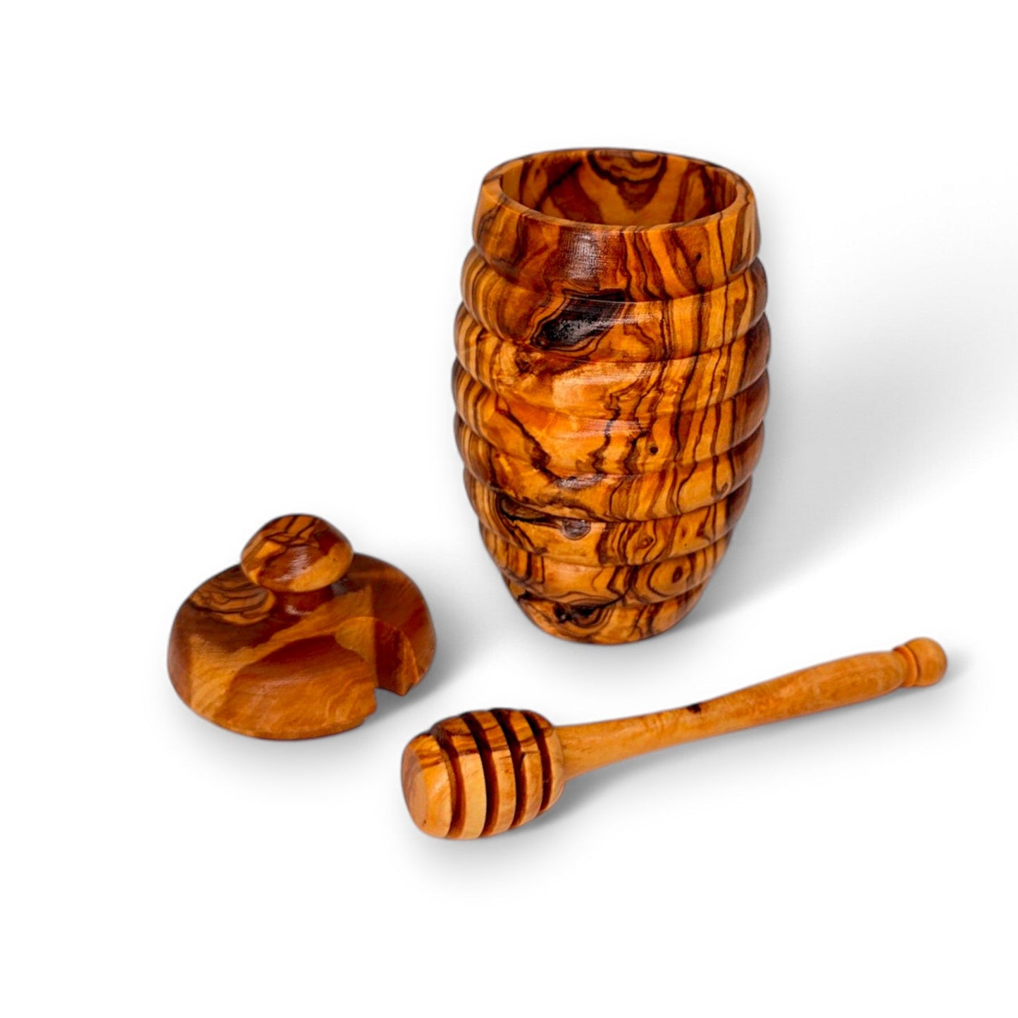 Olive Wood Wooden Honey Pot With Lid & Dipper