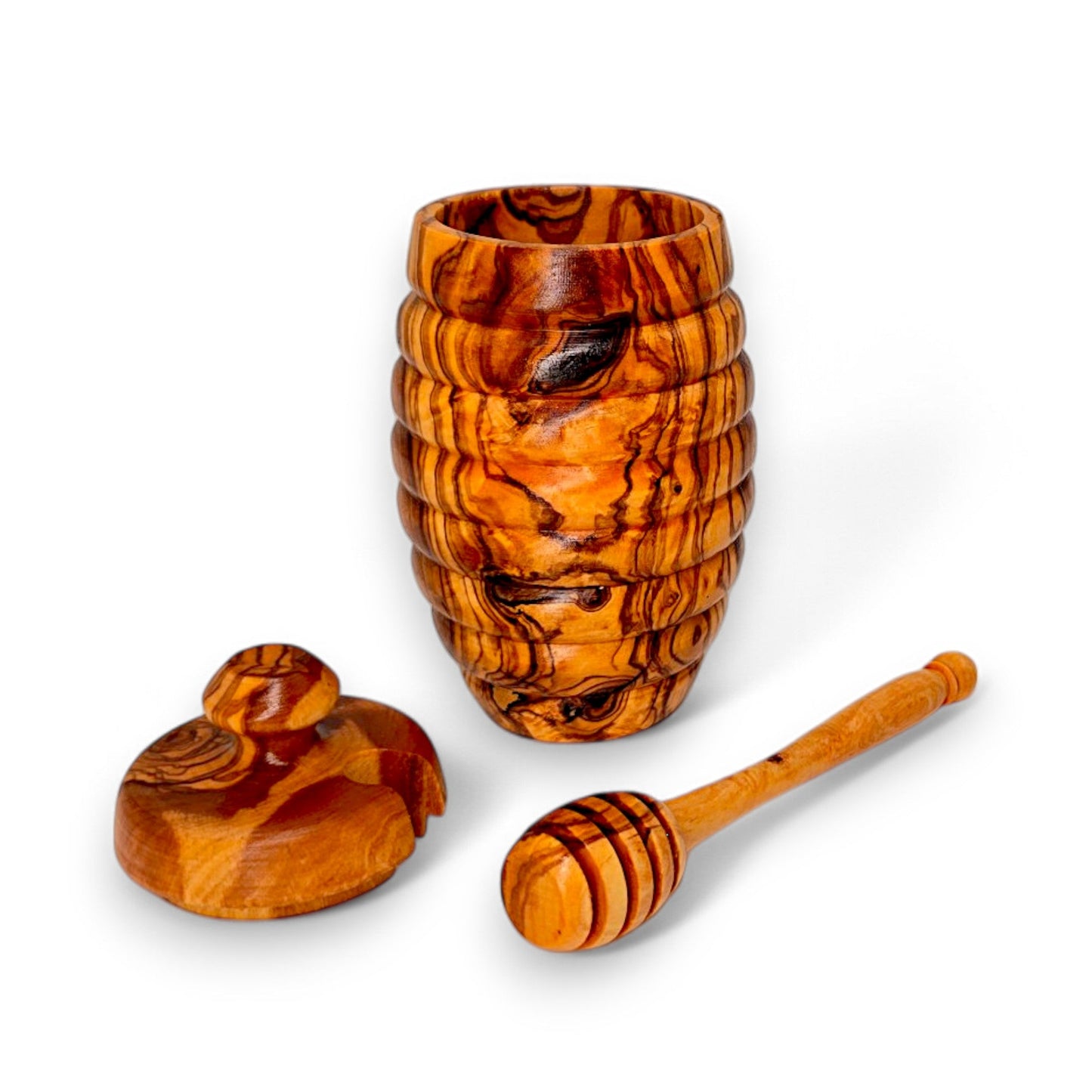 Olive Wood Wooden Honey Pot With Lid & Dipper