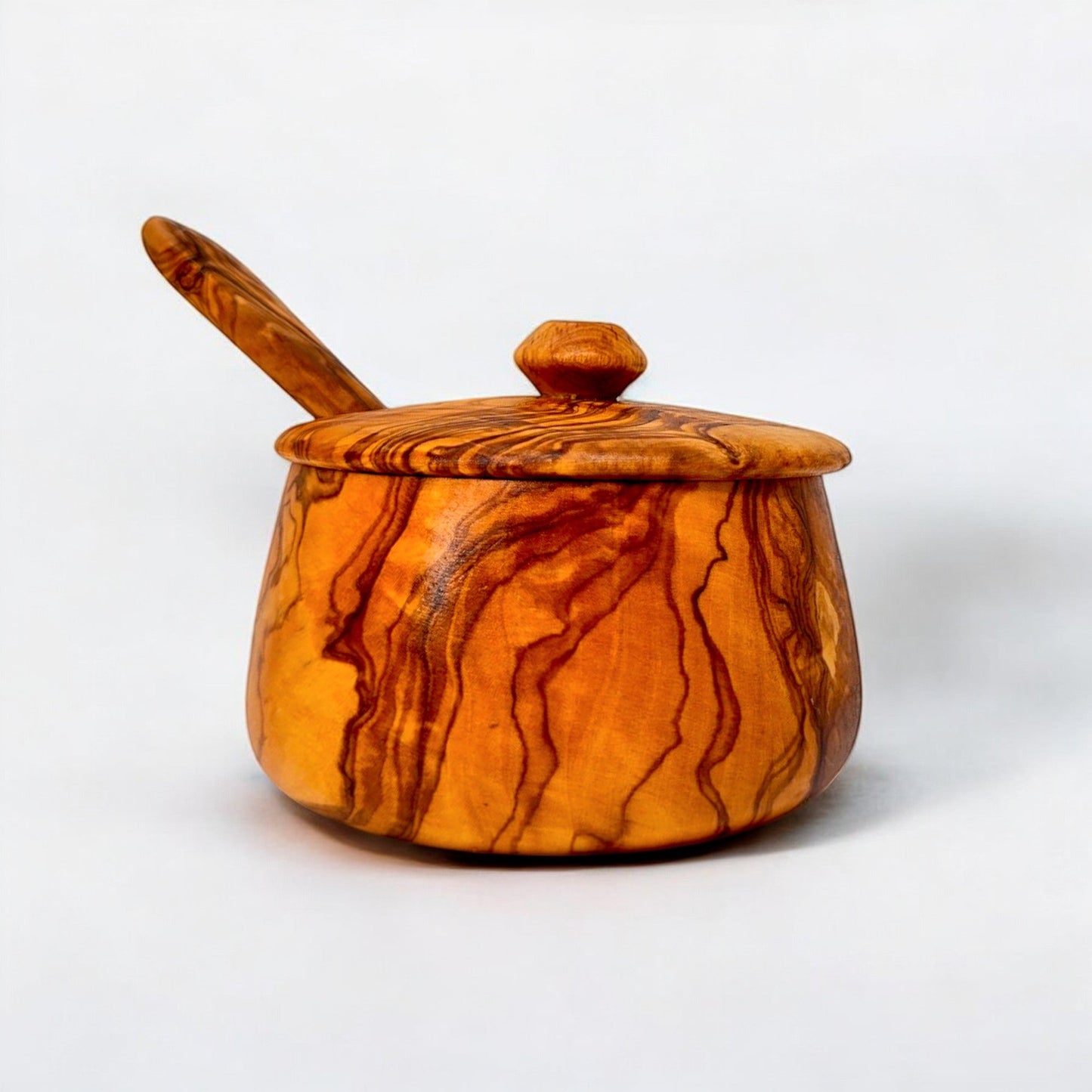 Olive Wood Handcrafted Tea Coffee Sugar Bowl W/ Spoon And Lid