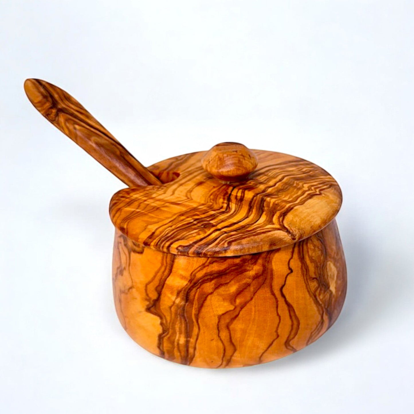 Olive Wood Handcrafted Tea Coffee Sugar Bowl W/ Spoon And Lid