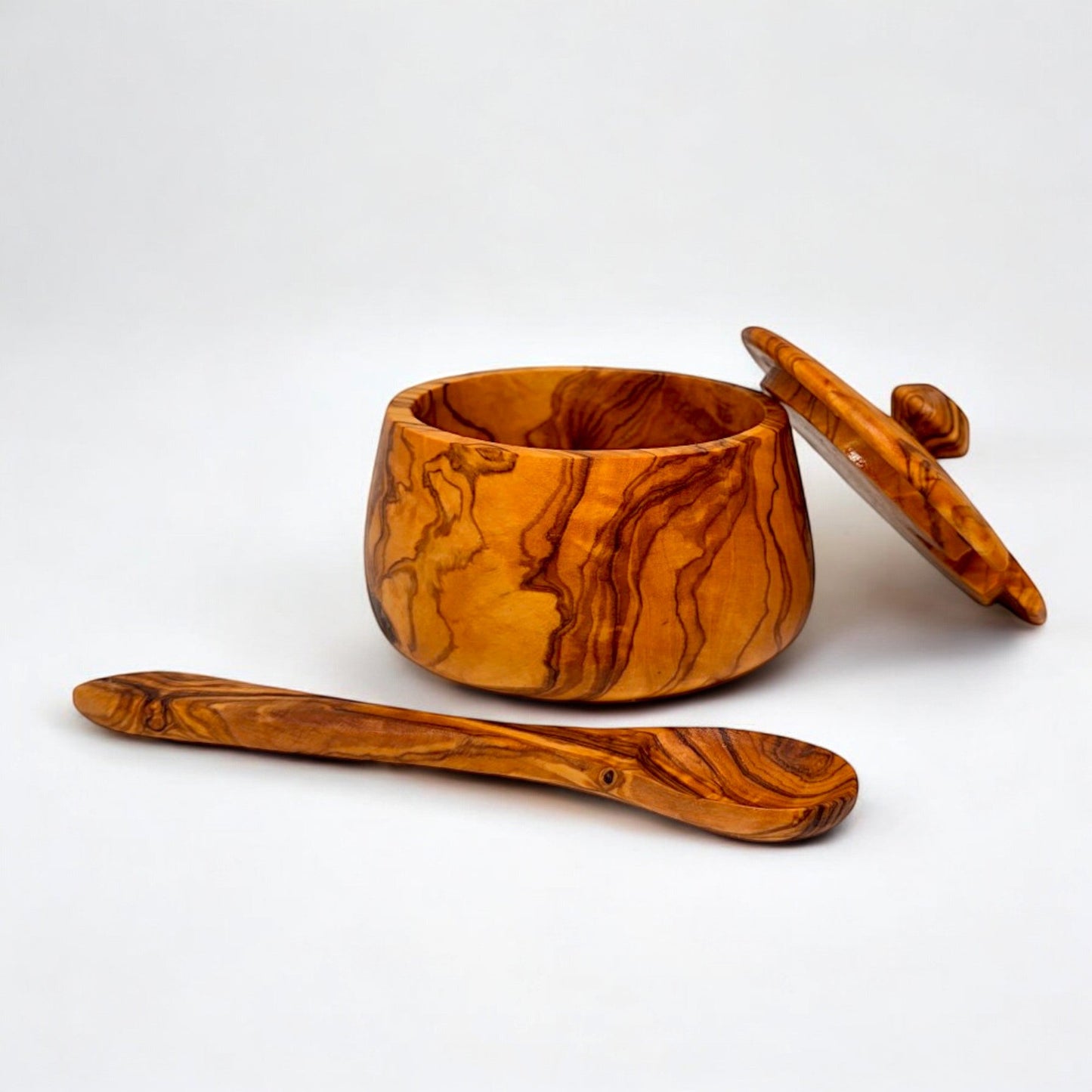 Olive Wood Handcrafted Tea Coffee Sugar Bowl W/ Spoon And Lid