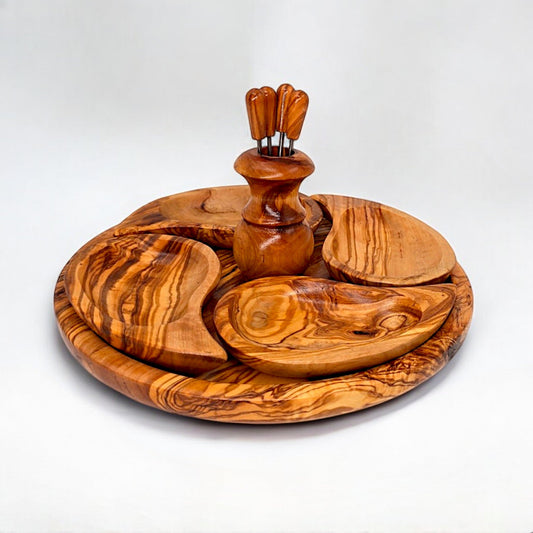 Olive Wood Handcrafted Wooden 4 Piece Appetizer Set Serving Tray/Platter W/ Skewers