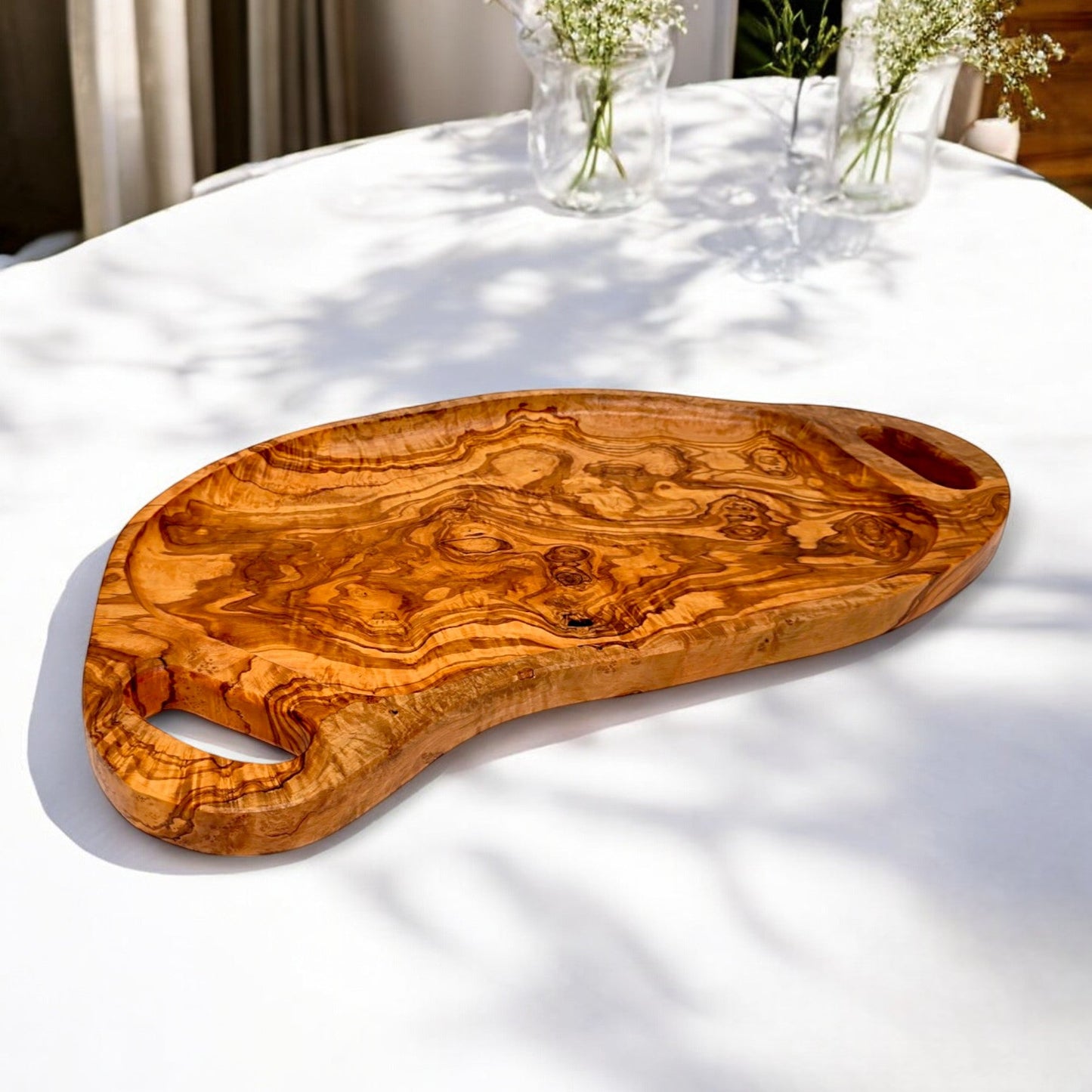 Olive Wood Irregular Shape Handcrafted Wooden Breakfast Serving Tray W/ Handles