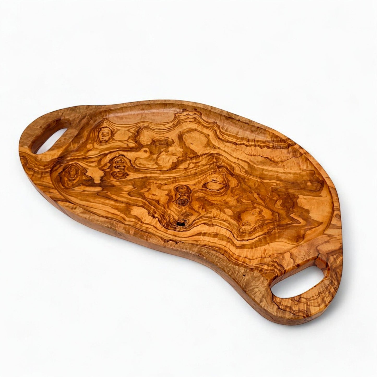 Olive Wood Irregular Shape Handcrafted Wooden Breakfast Serving Tray W/ Handles