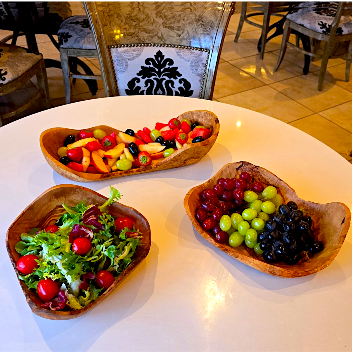 Olive Wood Handcrafted Flat Wooden Fruit Bowl Display Basket