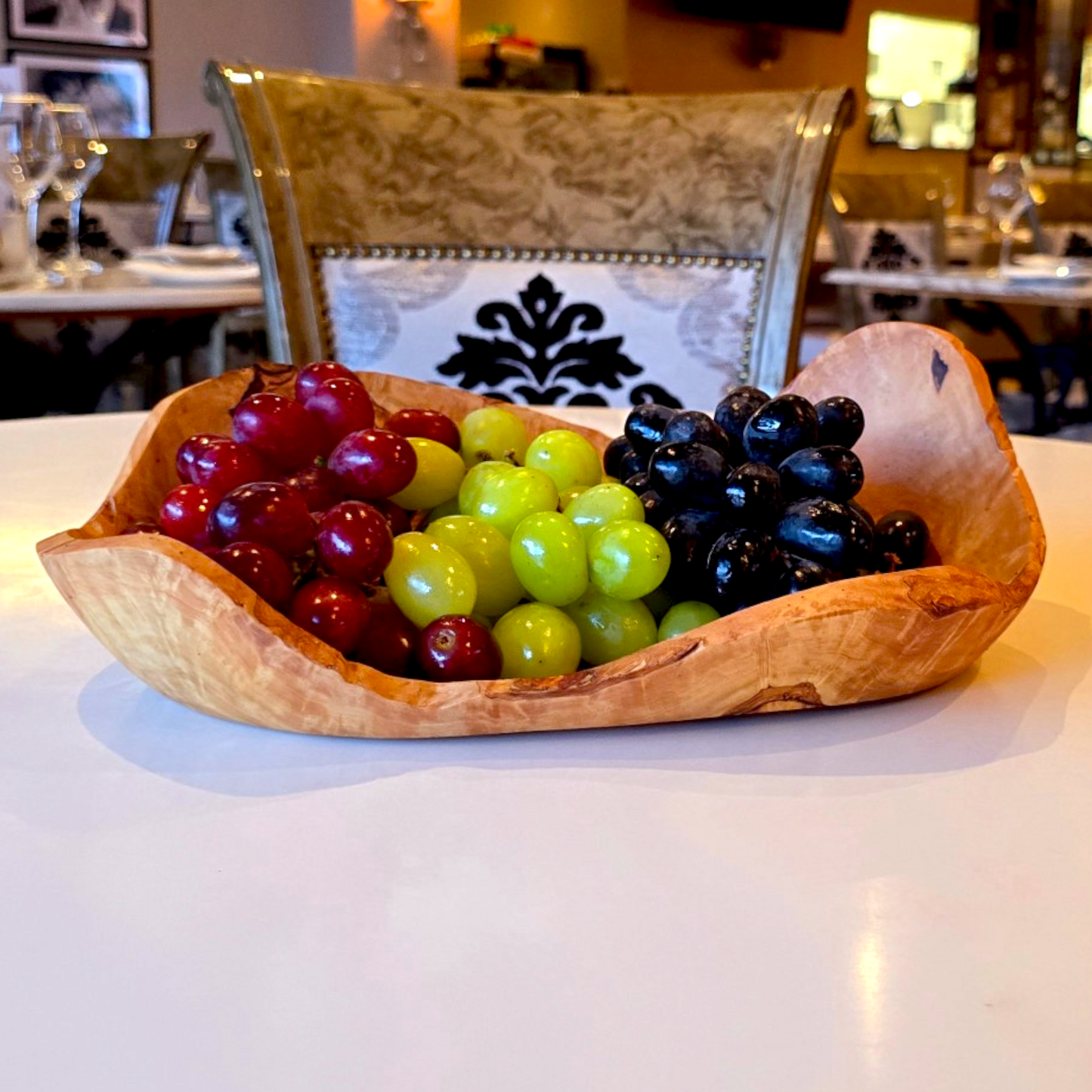 Olive Wood Handcrafted Flat Wooden Fruit Bowl Display Basket