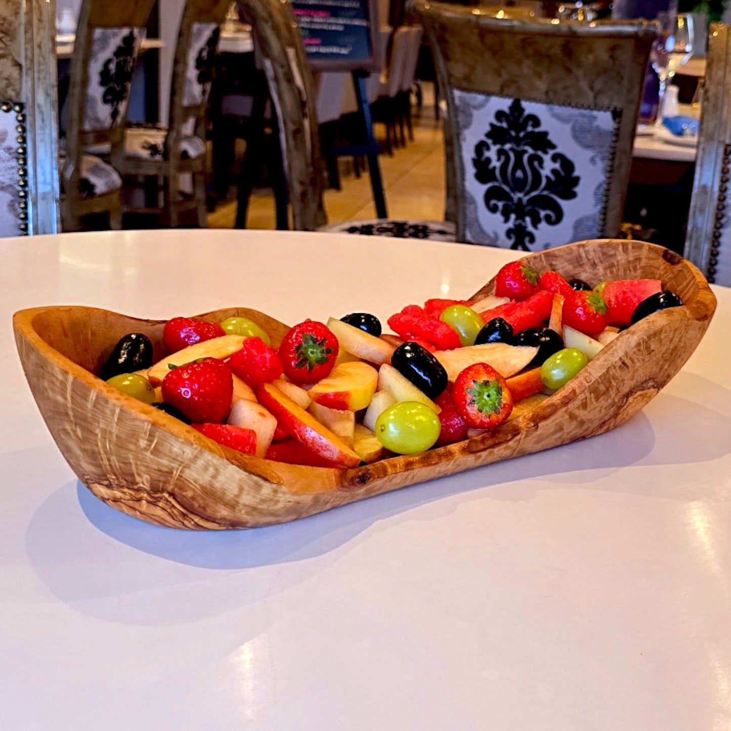 Olive Wood Handcrafted Flat Wooden Fruit Bowl Display Basket