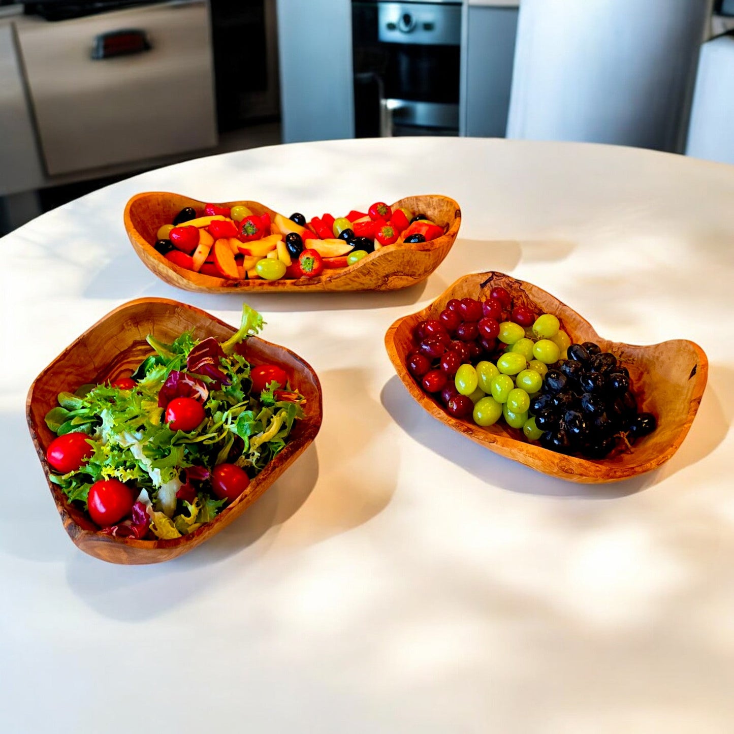 Olive Wood Handcrafted Flat Wooden Fruit Bowl Display Basket