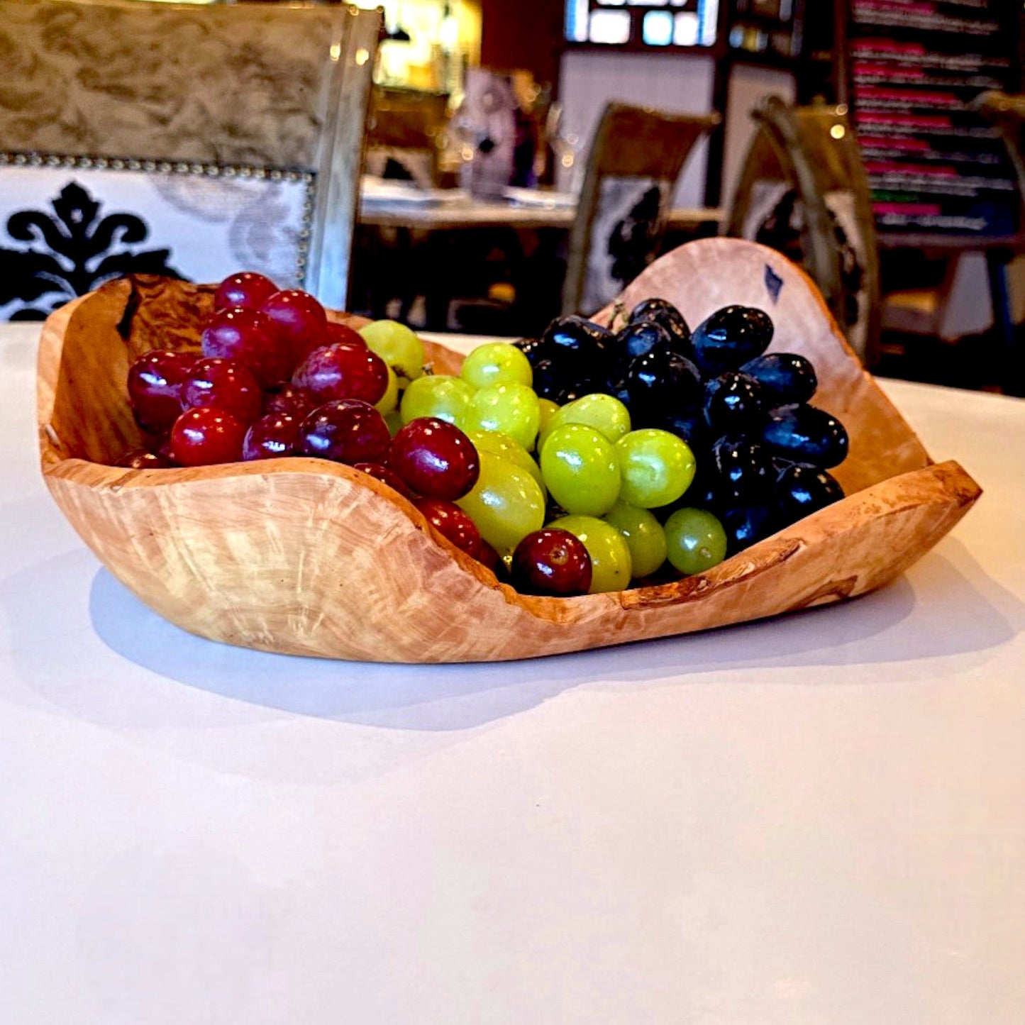 Olive Wood Handcrafted Flat Wooden Fruit Bowl Display Basket