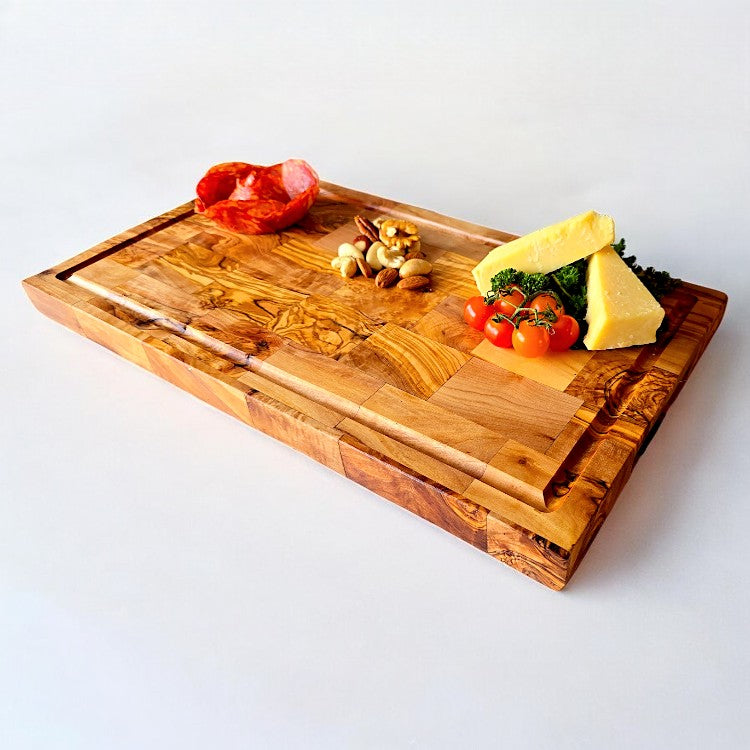 Olive Wood End Grain Chopping/Cutting Board | Large Heavy Rectangular Charcuterie W/ Drip Catching Groove  | Various Sizes