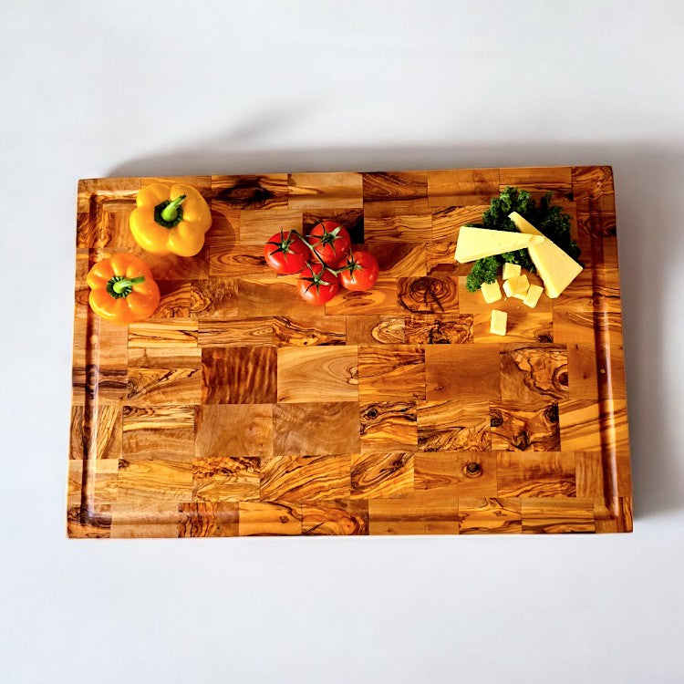 Olive Wood End Grain Chopping/Cutting Board | Large Heavy Rectangular Charcuterie W/ Drip Catching Groove  | Various Sizes