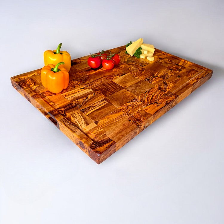 Olive Wood End Grain Chopping/Cutting Board | Large Heavy Rectangular Charcuterie W/ Drip Catching Groove  | Various Sizes