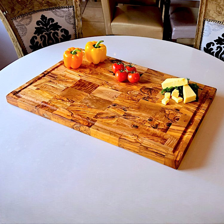 Olive Wood End Grain Chopping/Cutting Board | Large Heavy Rectangular Charcuterie W/ Drip Catching Groove  | Various Sizes