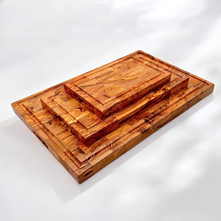 Olive Wood End Grain Chopping/Cutting Board | Large Heavy Rectangular Charcuterie W/ Drip Catching Groove  | Various Sizes