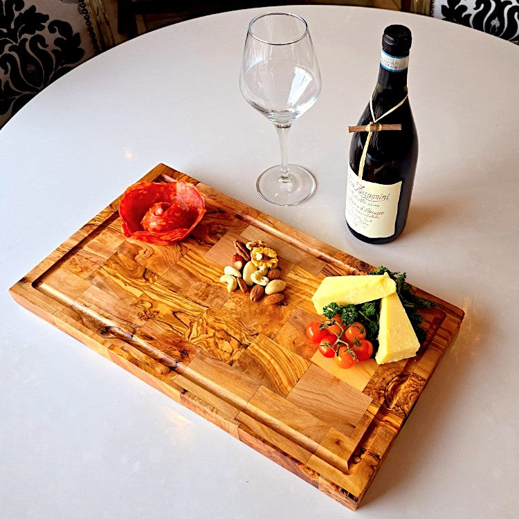 Olive Wood End Grain Chopping/Cutting Board | Large Heavy Rectangular Charcuterie W/ Drip Catching Groove  | Various Sizes