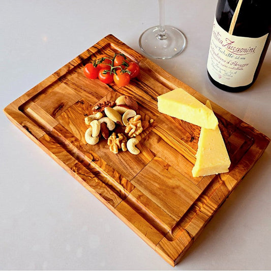 Olive Wood End Grain Chopping/Cutting Board | Large Heavy Rectangular Charcuterie W/ Drip Catching Groove  | Various Sizes