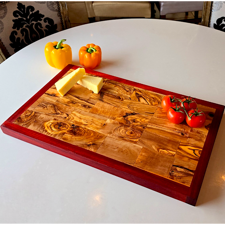 Rectangular Olive Wood End Grain Cutting Board W/ Red Border