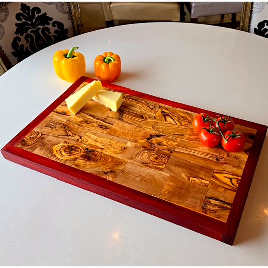 Rectangular Olive Wood End Grain Cutting Board W/ Red Border