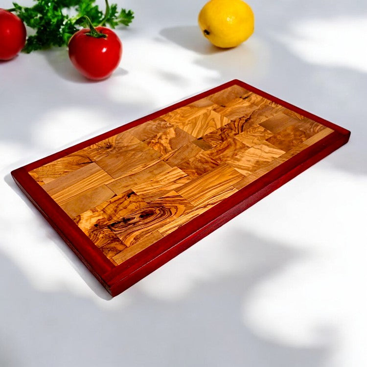 Rectangular Olive Wood End Grain Cutting Board W/ Red Border