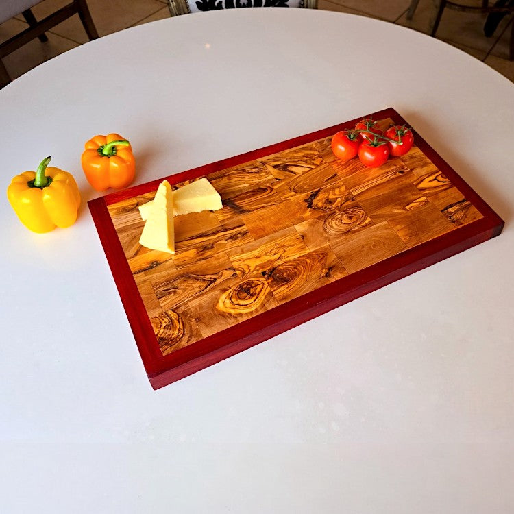 Rectangular Olive Wood End Grain Cutting Board W/ Red Border