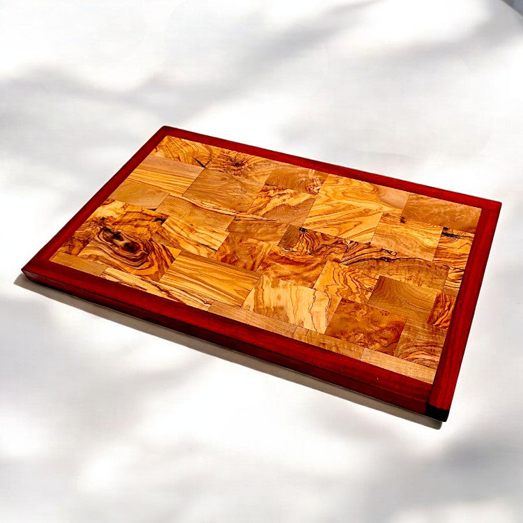 Rectangular Olive Wood End Grain Cutting Board W/ Red Border