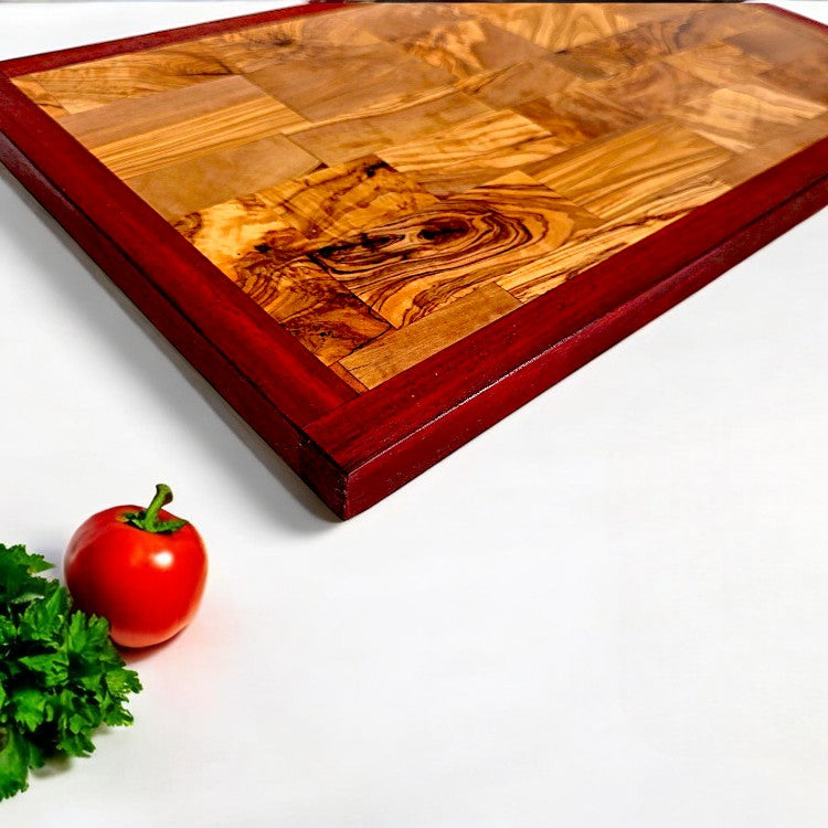 Rectangular Olive Wood End Grain Cutting Board W/ Red Border