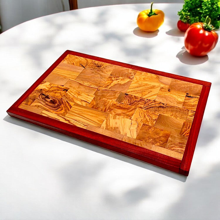 Rectangular Olive Wood End Grain Cutting Board W/ Red Border