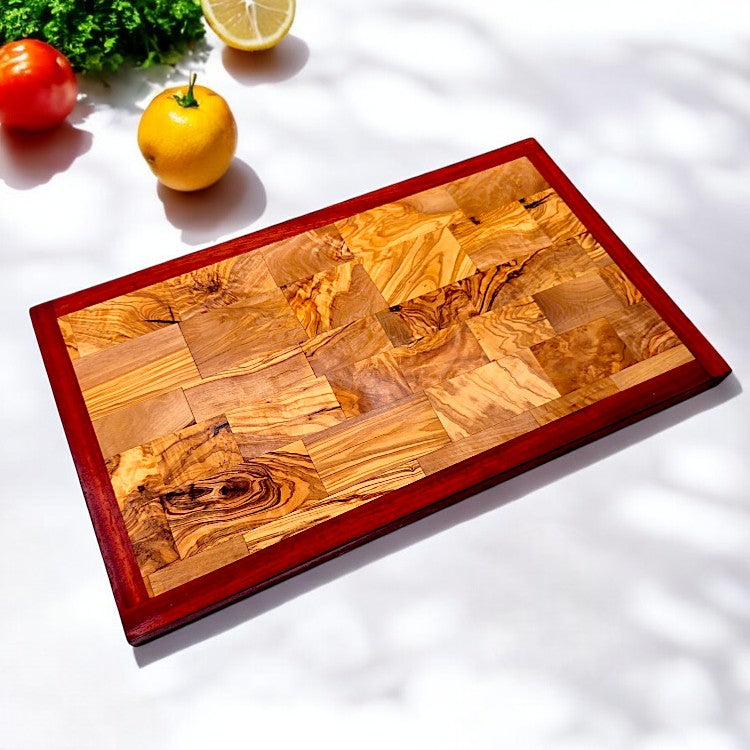 Rectangular Olive Wood End Grain Cutting Board W/ Red Border