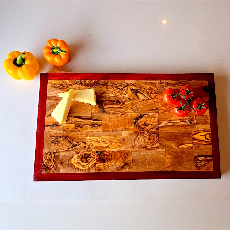 Rectangular Olive Wood End Grain Cutting Board W/ Red Border