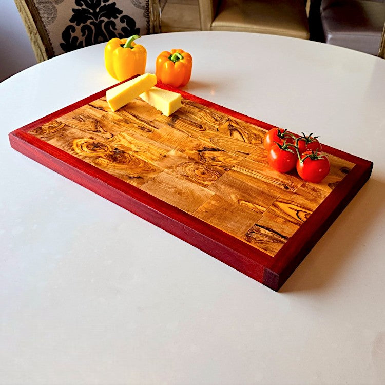 Rectangular Olive Wood End Grain Cutting Board W/ Red Border