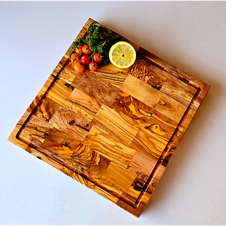 Square End Grain Olive Wood Cutting Board W/ Drip Catcher Groove | 25 | 30 | 35cm