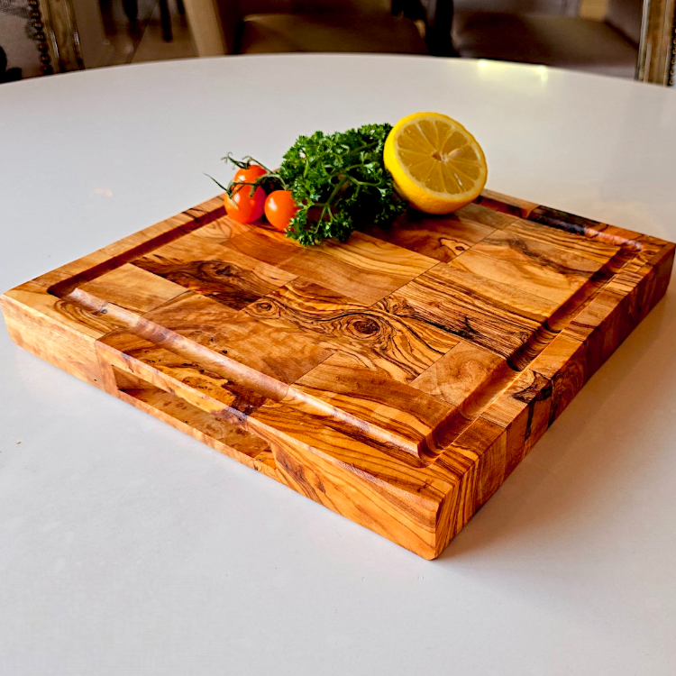 Square End Grain Olive Wood Cutting Board W/ Drip Catcher Groove | 25 | 30 | 35cm