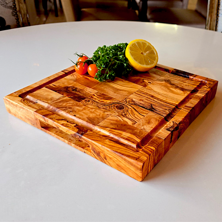 Square End Grain Olive Wood Cutting Board W/ Drip Catcher Groove | 25 | 30 | 35cm