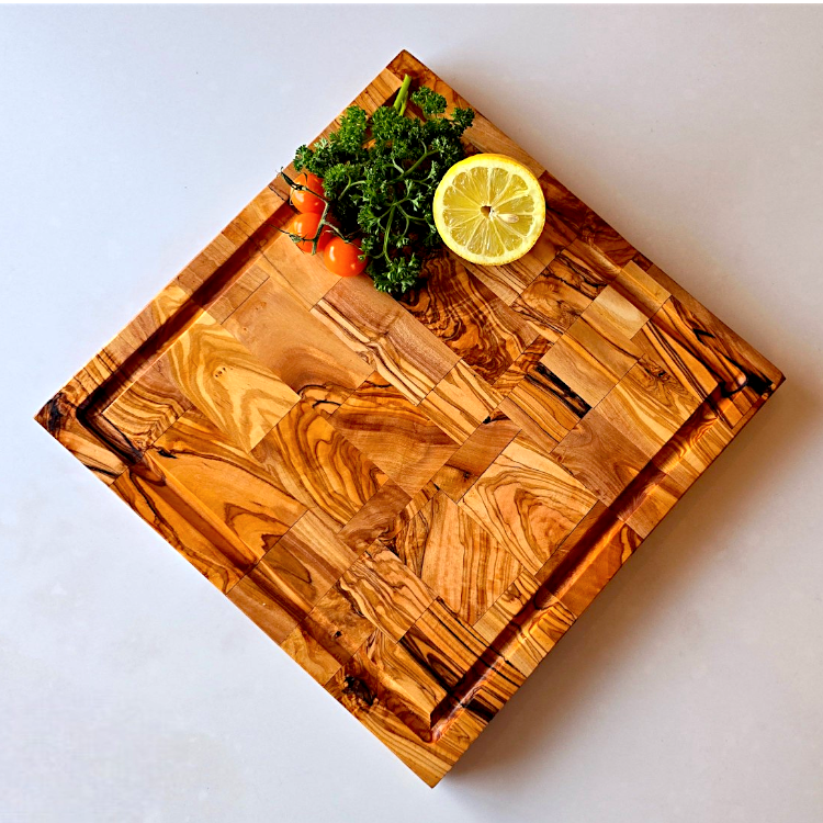 Square End Grain Olive Wood Cutting Board W/ Drip Catcher Groove | 25 | 30 | 35cm