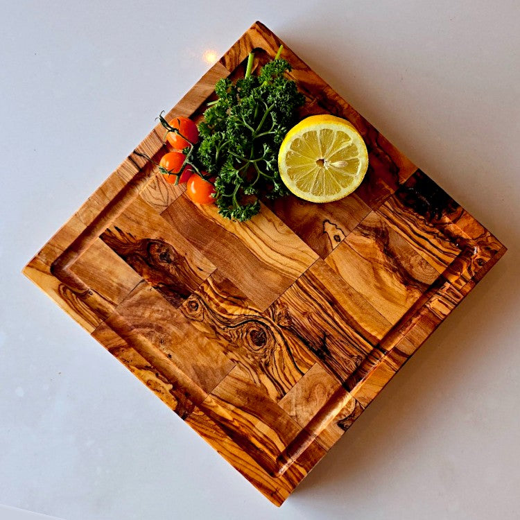 Square End Grain Olive Wood Cutting Board W/ Drip Catcher Groove | 25 | 30 | 35cm