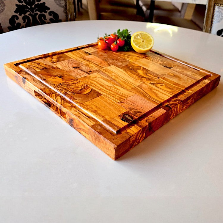 Square End Grain Olive Wood Cutting Board W/ Drip Catcher Groove | 25 | 30 | 35cm