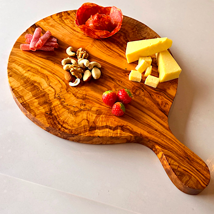 Olive Wood Round Pizza Board with Handle | End Grain Chopping/Cutting/Serving Board | Various sizes